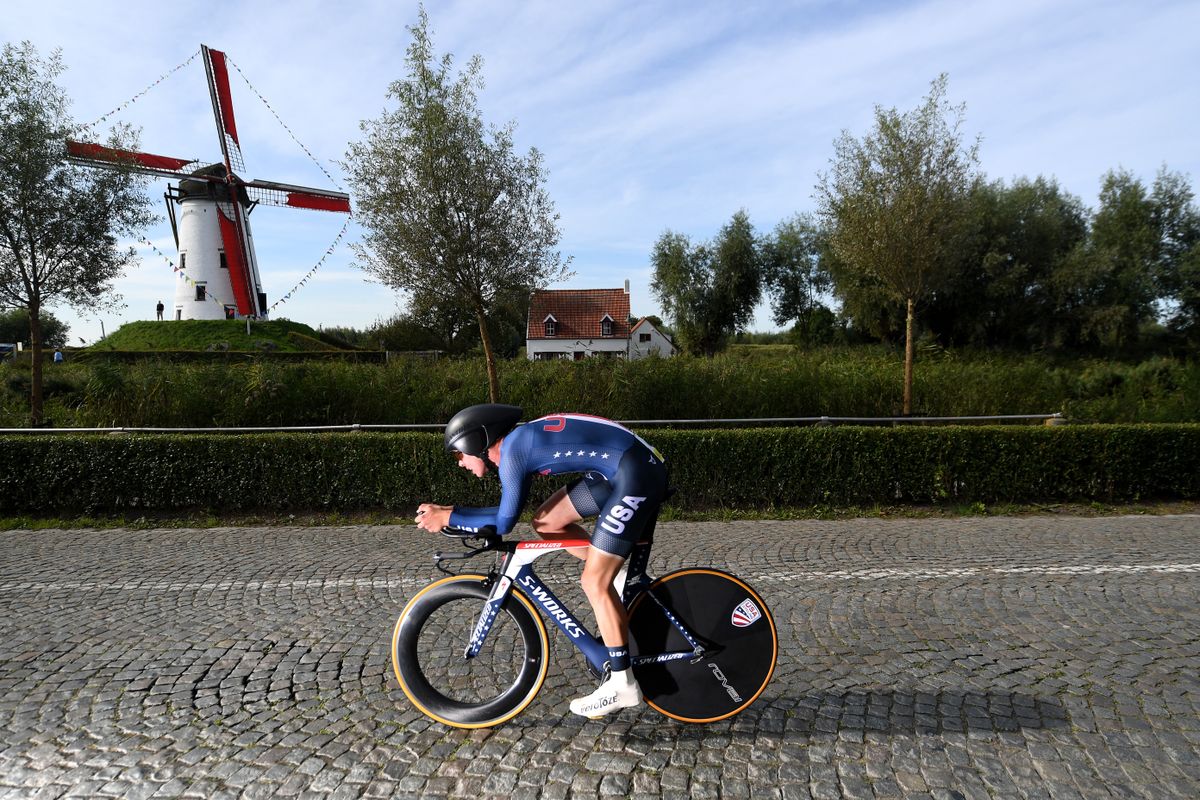 BRUGES BELGIUM SEPTEMBER 21 Alexander Gustin of The United States sprints in front of a windmill in Damar City during the 94th UCI Road World Championships 2021 Men Junior ITT a 223km Individual Time Trial race from KnokkeHeist to Bruges flanders2021 ITT on September 21 2021 in Bruges Belgium Photo by Tim de WaeleGetty Images