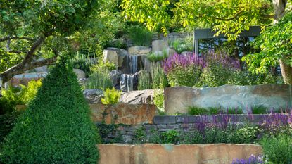 hillside garden in Germany with natural stone terraces