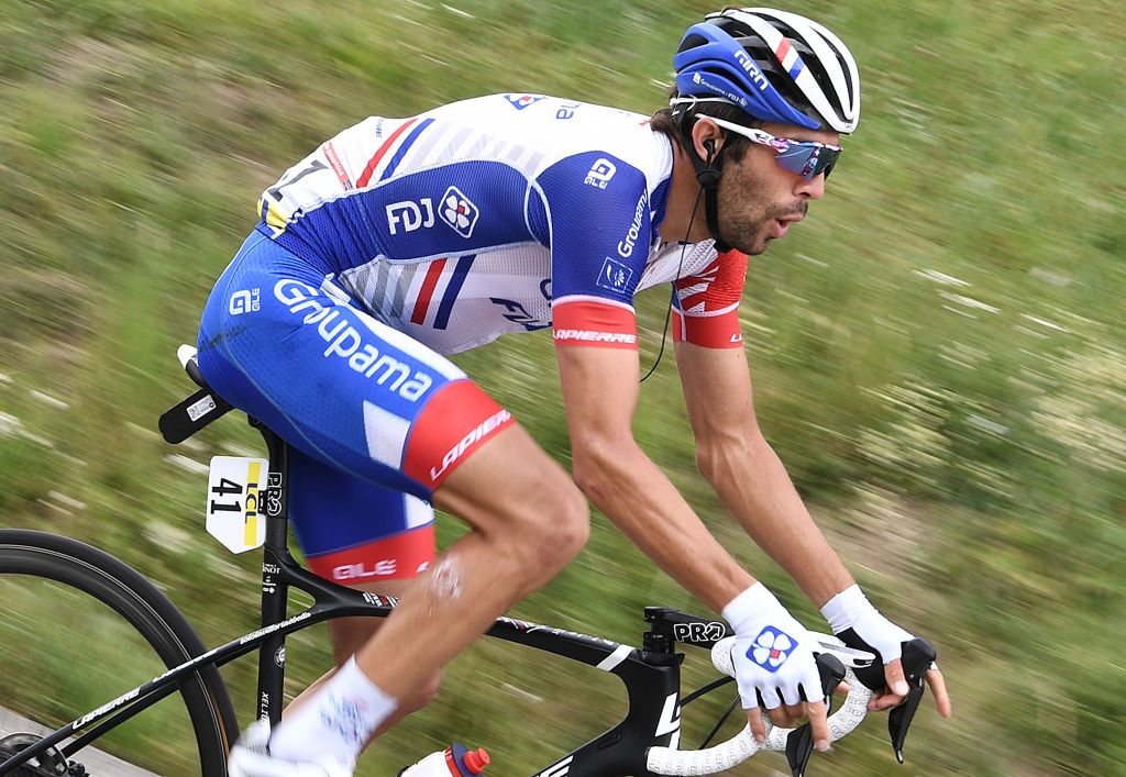 Team GroupamaFDJ rider Frances Thibaut Pinot rides during the fifth stage of the 72nd edition of the Criterium du Dauphine cycling race 153 km between Megeve and Megeve on August 16 2020 Photo by AnneChristine POUJOULAT AFP Photo by ANNECHRISTINE POUJOULATAFP via Getty Images