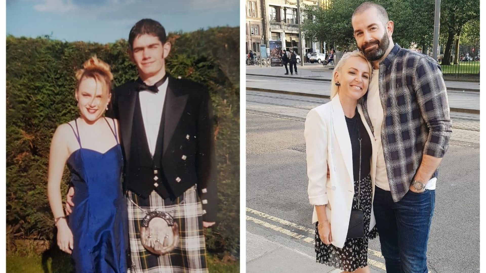 Left: Kelly and Graham in 1998, in their prom clothes. Right: Kelly and Graham in 2019, in smart-casual clothes