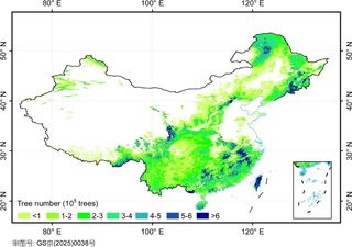 Map of China color-coded to show tree density and distribution.