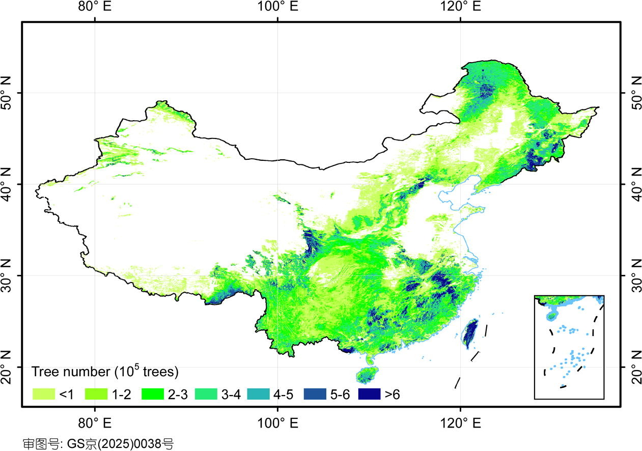 Map of China color-coded to show tree density and distribution.