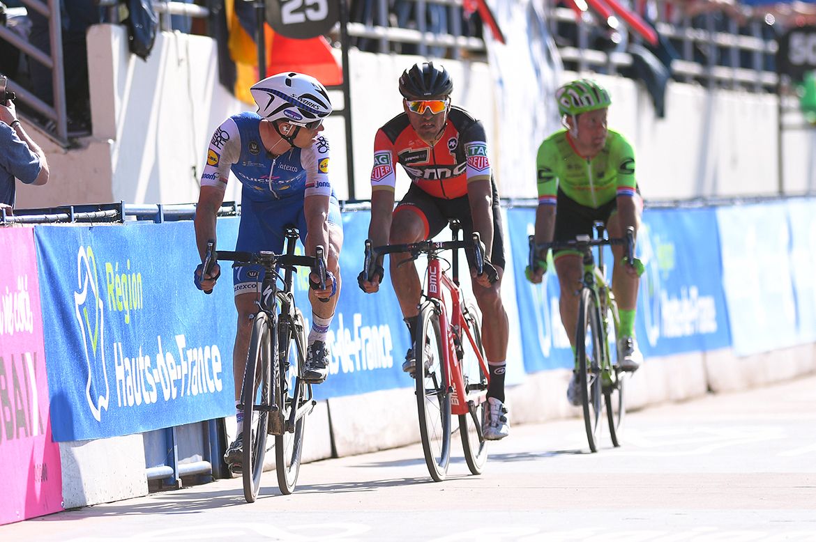 Zdenek Stybar looks back at Greg Van Avermaet just before the finishing sprint in the Roubaix velodrome.