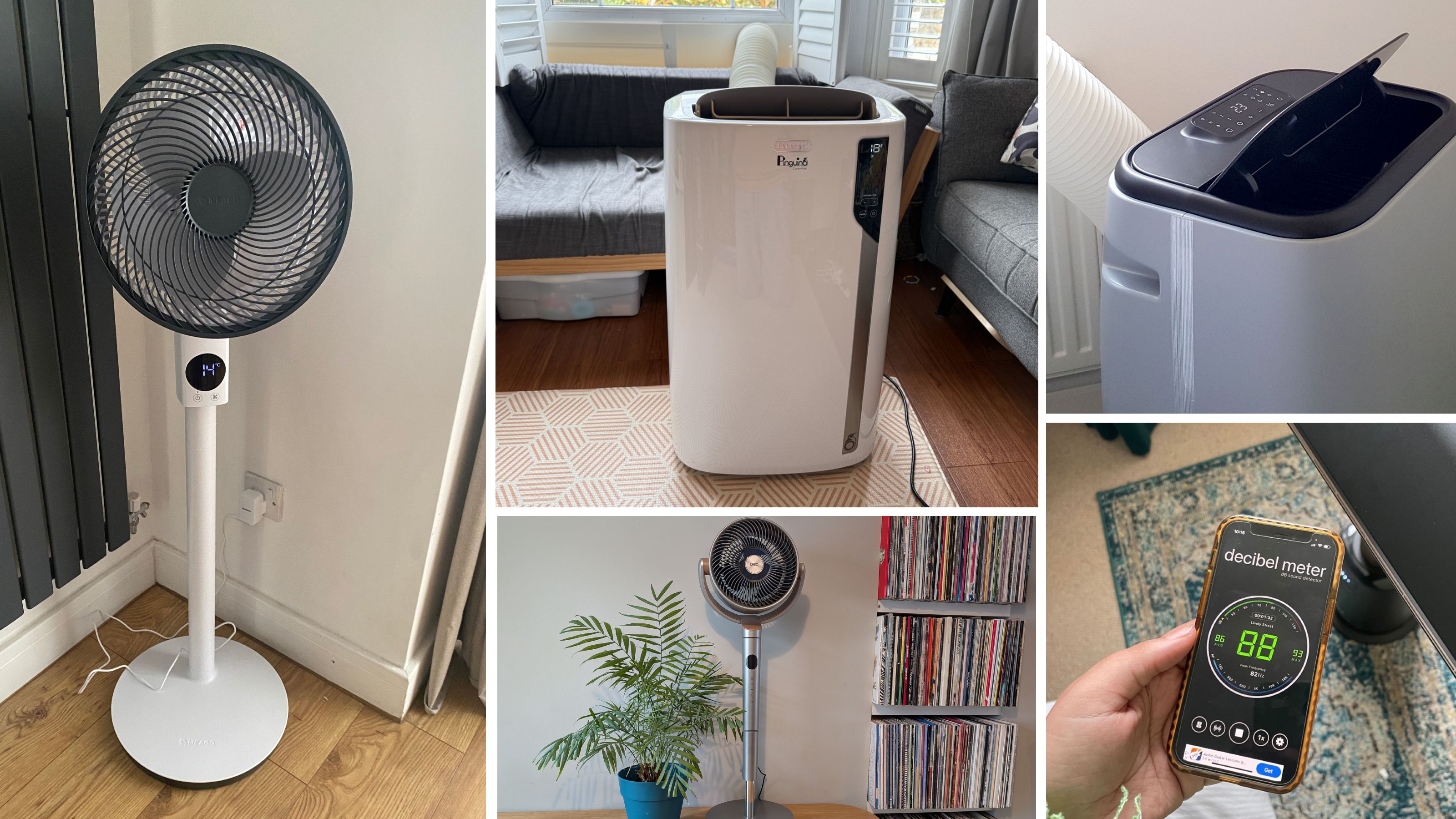 Collage image of the testing process of the Meaco Sefte 10'' pedestal fan, the Duux North 9k Smart air conditioner, a reading on a decibel meter app, the Dreo Polyfan 508S fan and the De'Longhi Pinguino Care4Me EL112 air conditioner