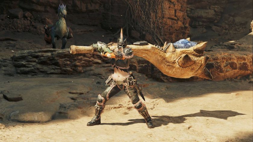 The player in Monster Hunter Wilds holding a Hunting Horn with a Seikret in the background.