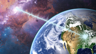 An illustration of a fast radion burst travelling through a distant galaxy and reaching Earth