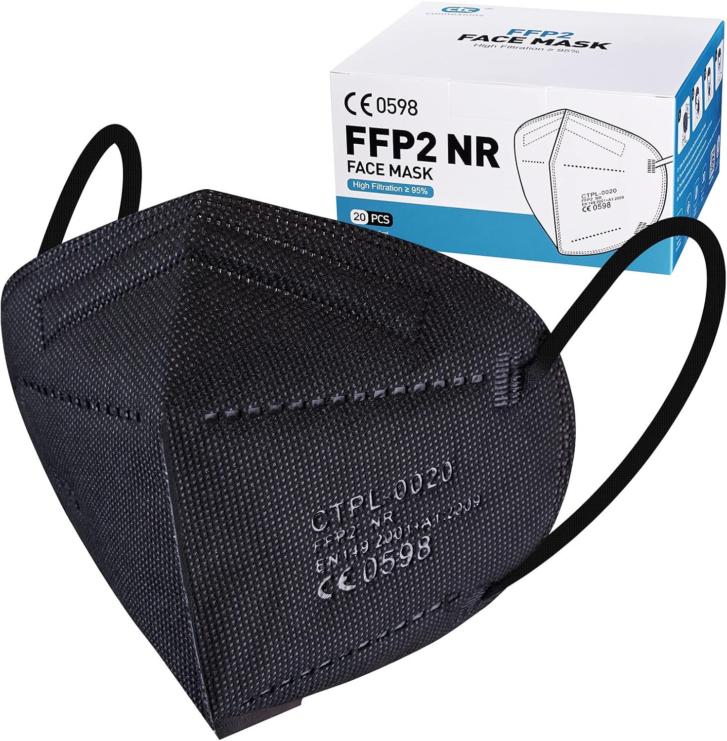 20pcs Ffp2 Face Mask Black Ce Certified Kn95 Mask Filtration Rate &amp;ge;95% 5-Layer Protective Ffp2 Masks Individually Packaged Face Mask High Filter Respirator Mask for Daily Prevention and Protection