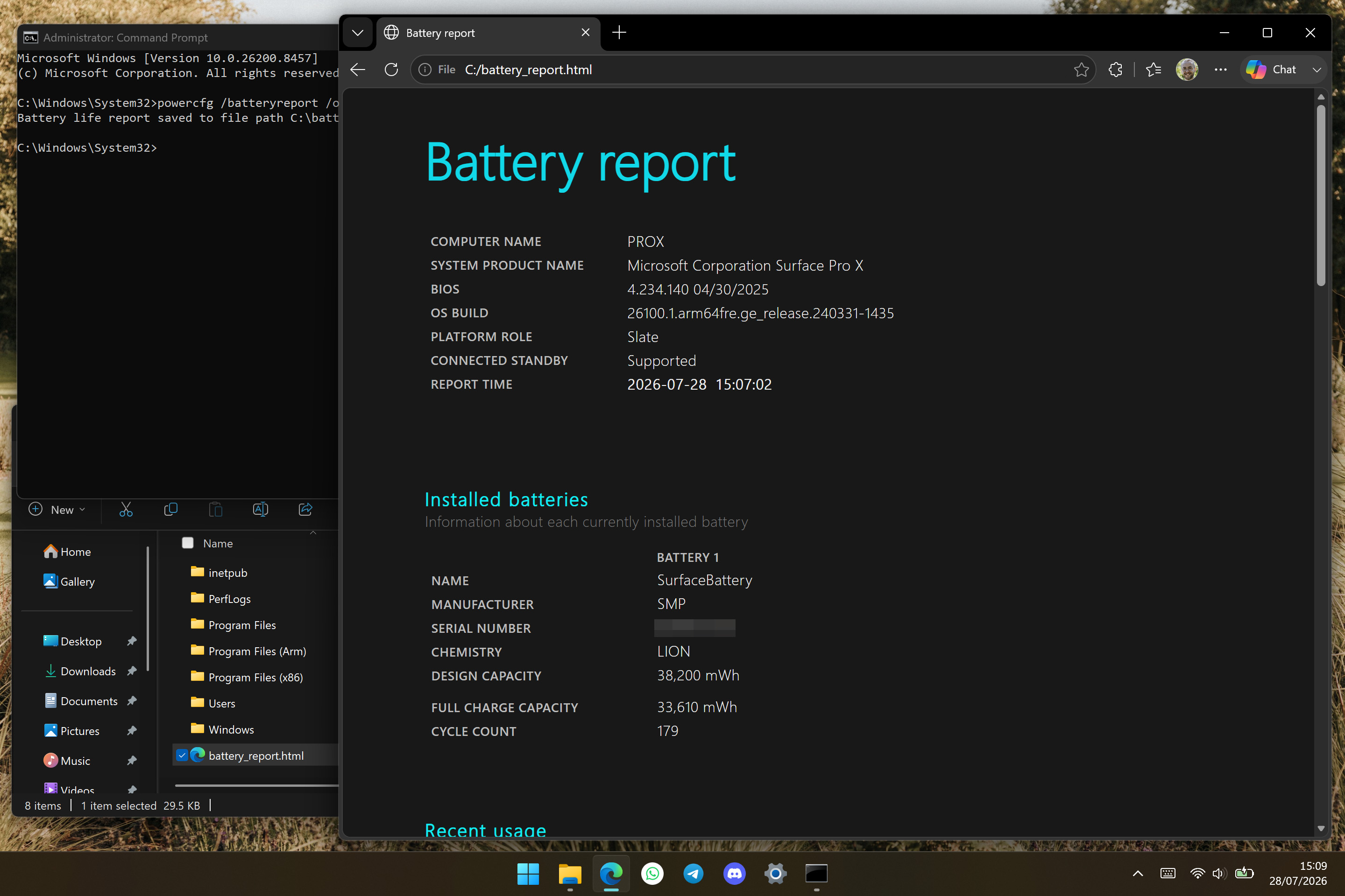 A Windows desktop showing detailed Windows battery report with system specs, battery health information, and capacity statistics.