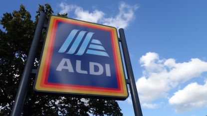 Aldi Supermarket large illuminated Aldi logo sign in Dinnington, Rotherham, South Yorkshire