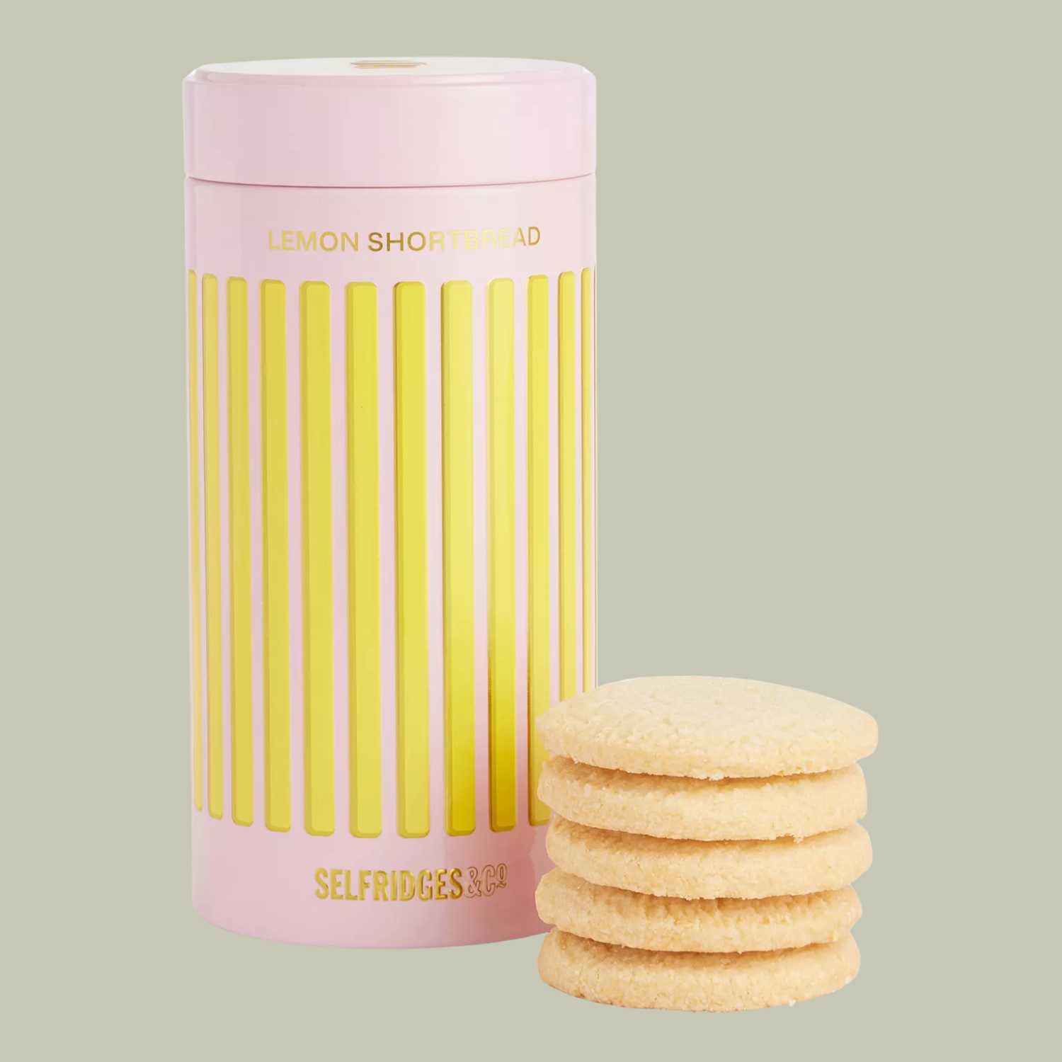 A pink and yellow tin of lemon shortbread