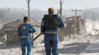 Fallout Wastelanders in vault suits viewed from behind