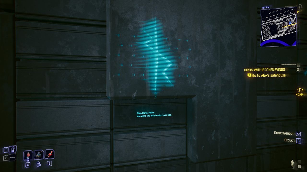 A memorial in Cyberpunk 2077 that reads: "Pilar, Daria, Maine: You were the only family I ever had."