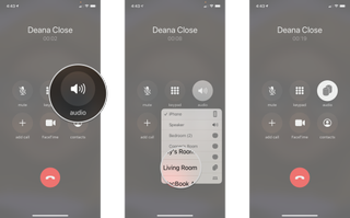 How to transfer calls to HomePod and HomePod mini by showing steps on an iPhone: Tap the Audio icon while on a call, Tap the name of your HomePod or HomePod mini