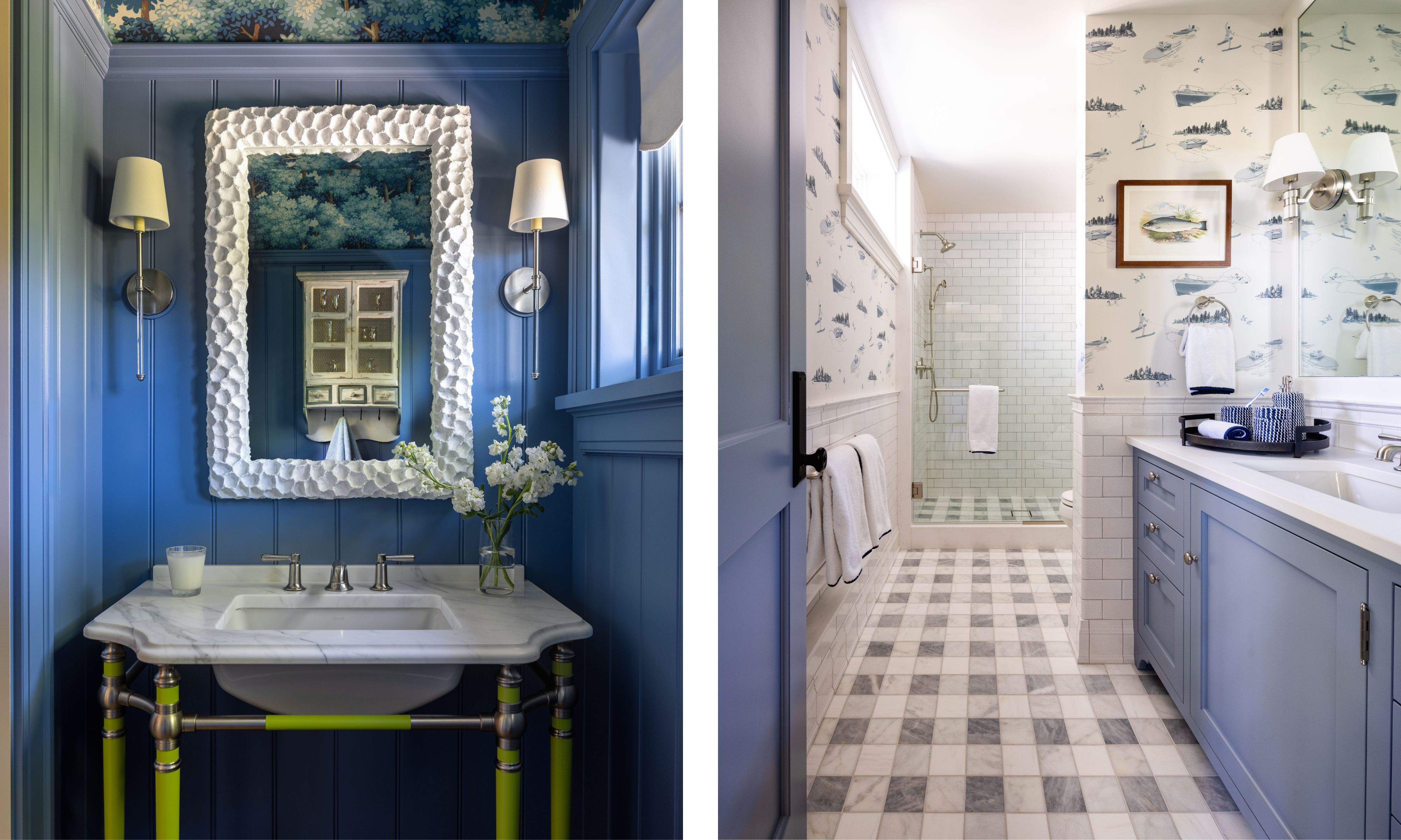 two side by side images of blue bathrooms with statement wallpaper