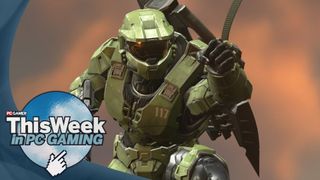 Master Chief from Halo grapple hooking towards you with the This Week in PC Gaming logo on the bottom right. 