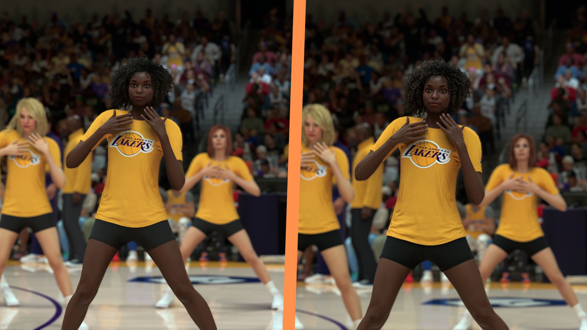 A side by side of a cheerleader in NBA 2K27 with DLSS 5 on and off