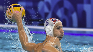 Maro Jokovic shoots the ball in the men&#039;s water polo ahead of the Hungary vs Croatia men&#039;s semi-final at Olympics 2024