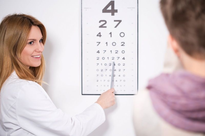 an optometrist has patient read an eye chart