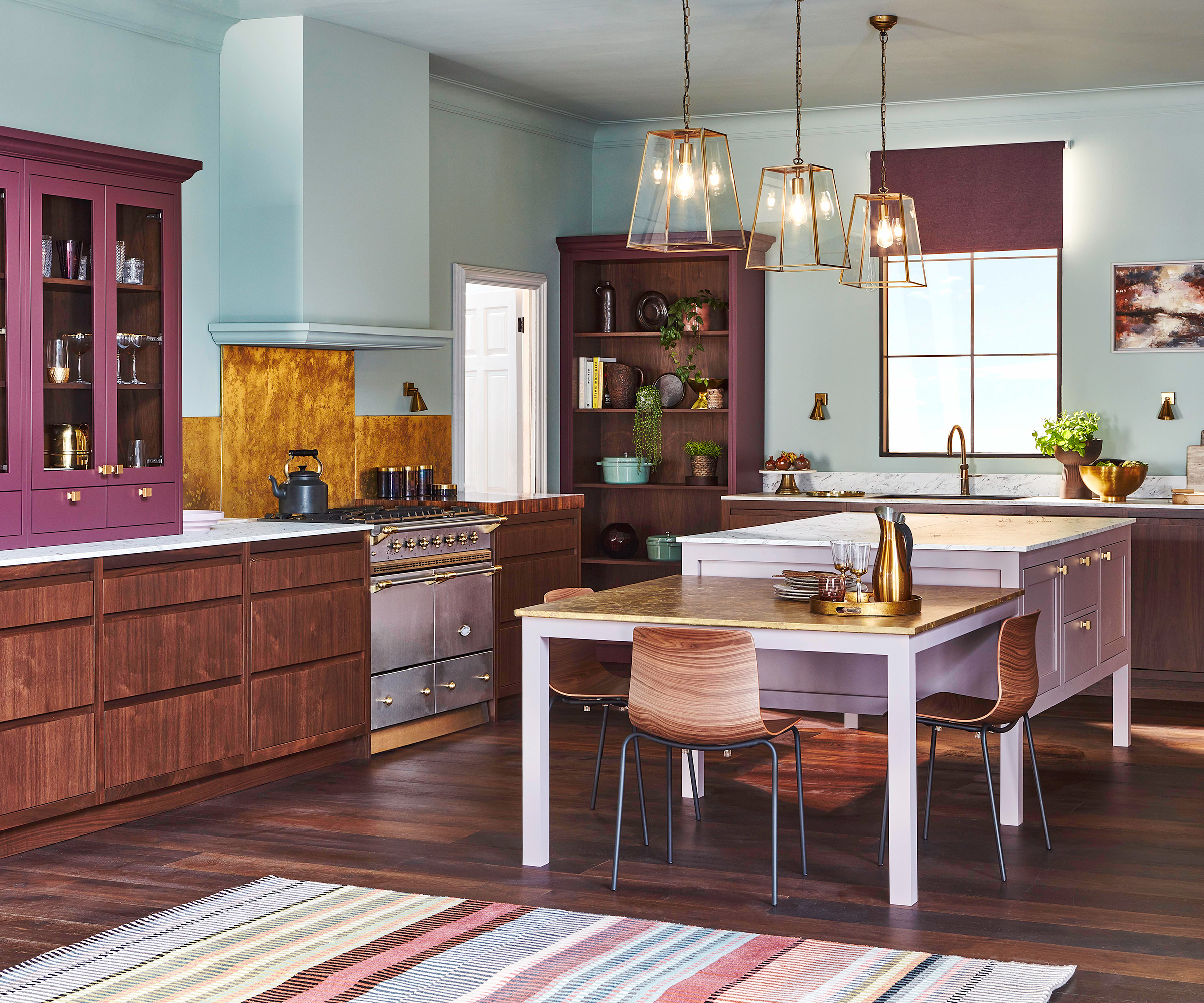 pink kitchens with pale blue walls