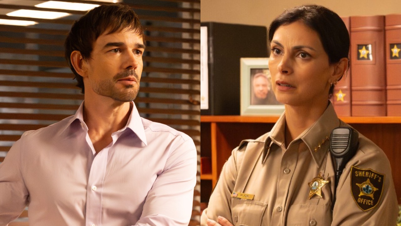 From left to right: Christopher Gorham as Travis looking concerned and Morena Baccarin as Mickey looking concerned in Sheriff Country.