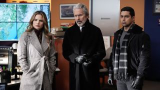 Jessica Knight, Alden Parker and Nick Torres in NCIS bullpen wearing warm clothing