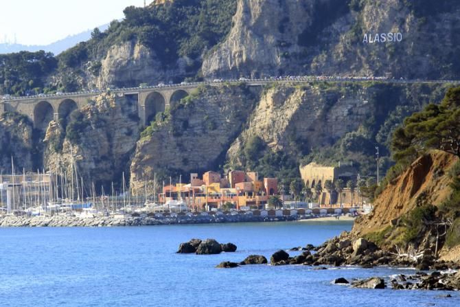 Stunning scenery as the Trofeo Laigueglia peloton rolls along the Ligurian coast.