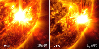 NASA's Solar Dynamics Observatory captured images of the two solar flares on May 10 and May 11, 2024. The image shows a subset of extreme ultraviolet light that highlights the extremely hot material in flares created from a mixture of SDO’s AIA 193, 171 and 131 channels.