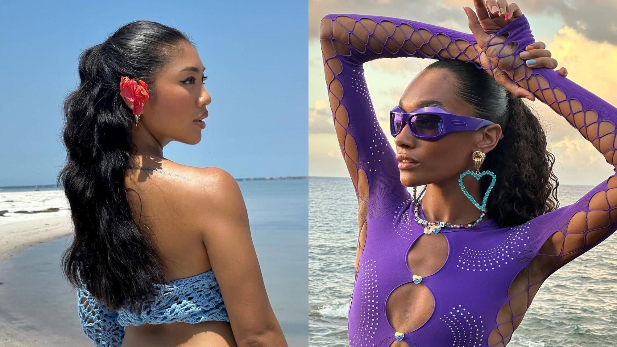 Two women wearing slicked back curly hairstyles at the beach.