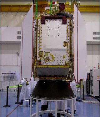 Engineers prepare the Spot 6 communications satellite for launch on India's 100th space mission, which blasted off atop a Polar Satellite Launch Vehicle on Sept. 9, 2012, from Satish Dhawan Space Center.