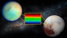 Photos of Titan and Pluto on a starry background with a rainbow-colored spectrograph overlay