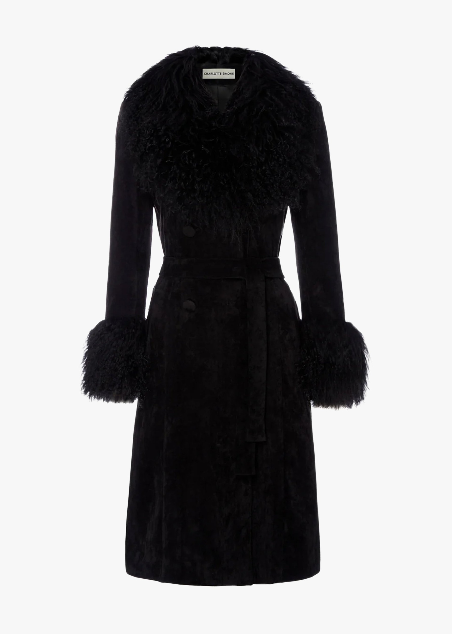 Penny Iii 70's Black Mongolian Trim Longline Coat - Black Suede / Xs