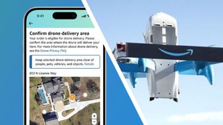 An iPhone on a blue background next to an Amazon Prime Air drone