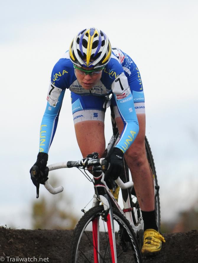 Georgia Gould (Luna Pro Team) topping a hill in pursuit of Nash