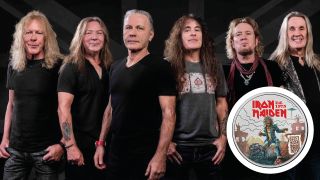 Iron Maiden posing for a photograph in 2025 with an inset of the Iron Maiden coin featuring band mascot Eddie