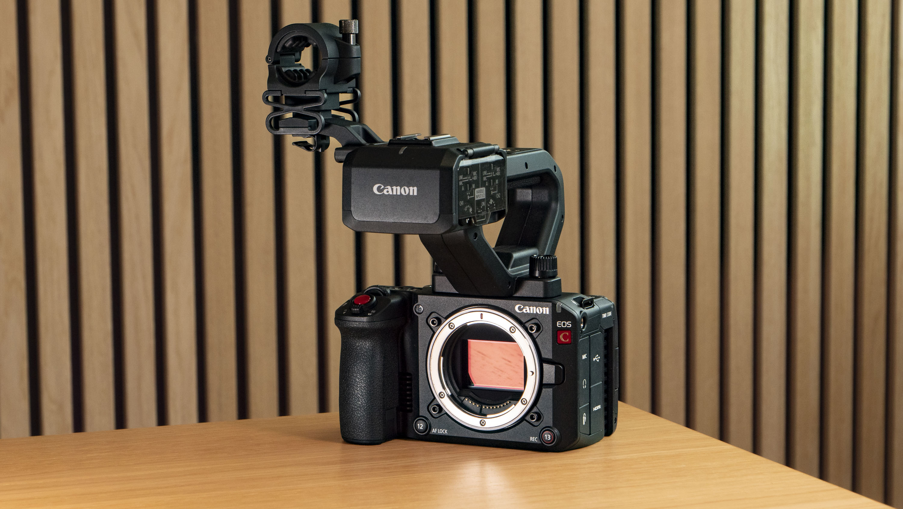 Canon EOS C50 on a wooden surface, no lens attached, top handle attached