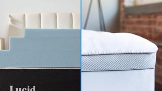 A split screen image of the Lucid Gel Memory Foam Topper vs the Viscosoft Serene Hybrid Mattress topper