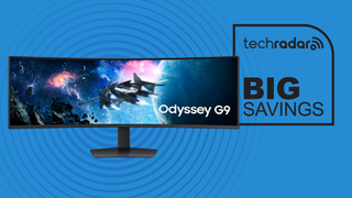 A deal image featuring the Samsung Odyssey S9 monitor