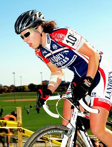 Sara Bresnick-Zocci (Landry's-Pedalpower coaching) hammering up a hill.