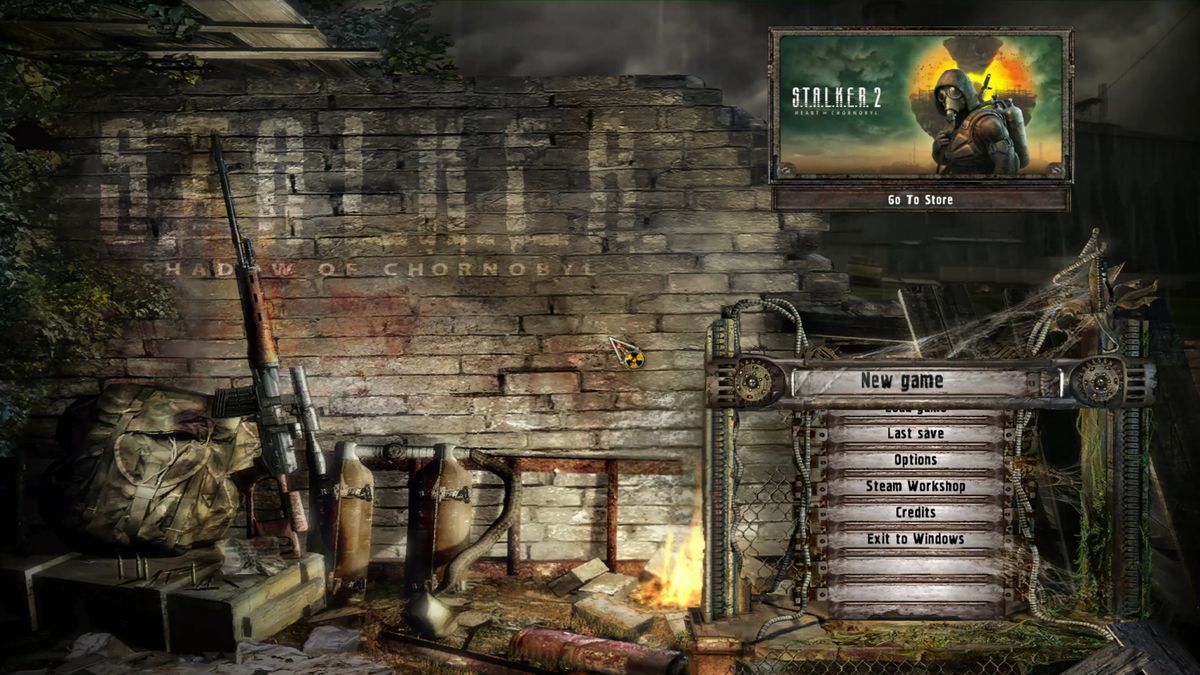 Stalker: Shadow of Chernobyl main menu featuring an ad for Stalker 2.
