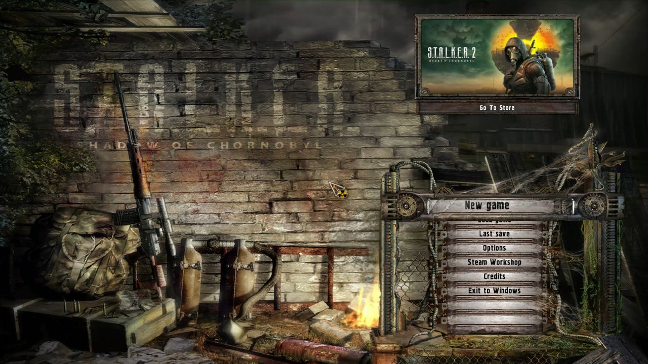 Stalker: Shadow of Chernobyl main menu featuring an ad for Stalker 2.