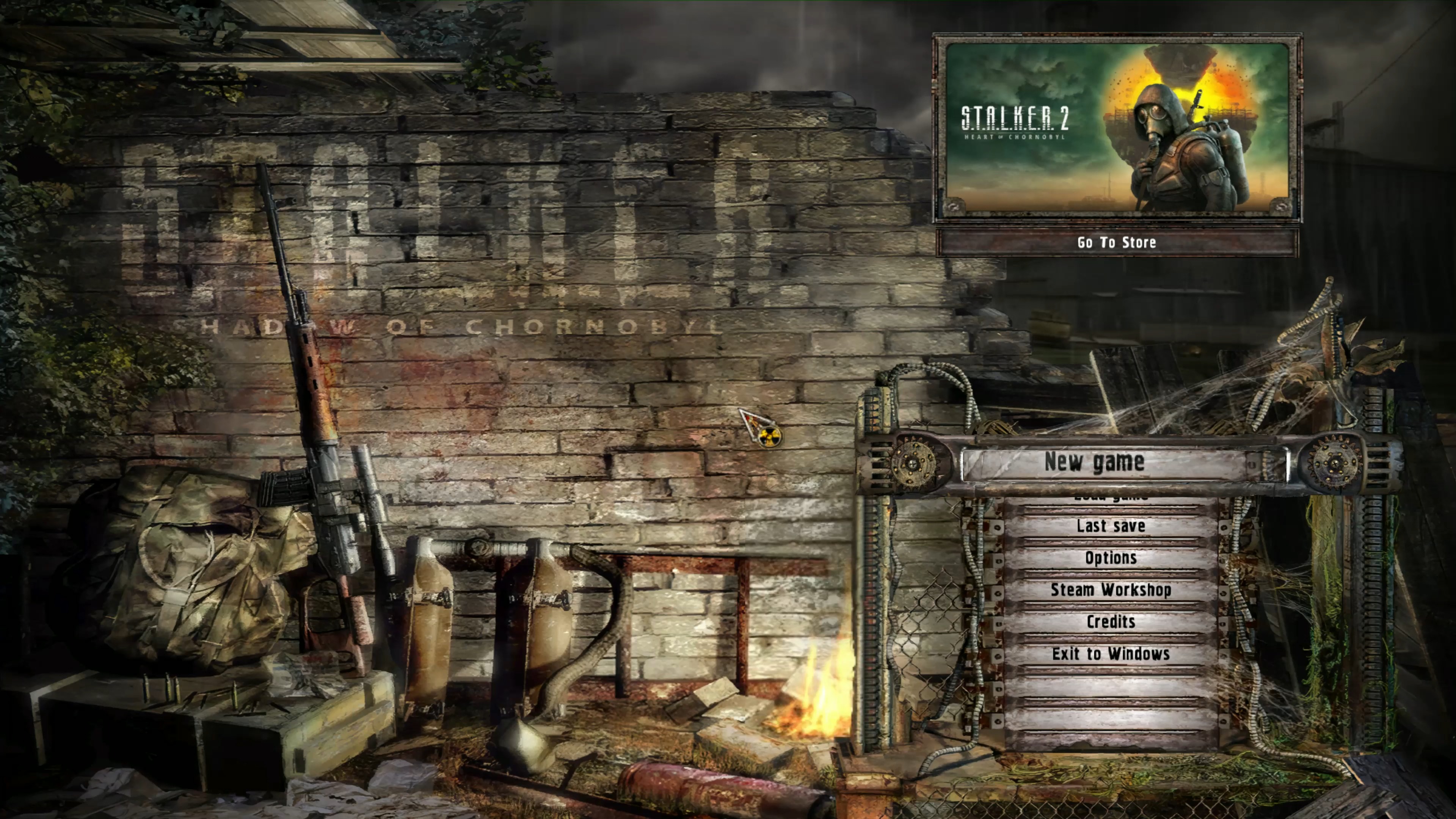 Stalker: Shadow of Chernobyl main menu featuring an ad for Stalker 2.