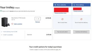 Screenshot of basket at Argos showing Xbox Series X out of stock for both home delivery and click and collect