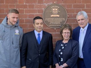 (From left) Leeds captain Liam Cooper, Leeds chairman Andrea Radrizzani, the leader of Leeds City Council Cllr Judith Blake and former Leeds defender Norman Hunter unveil the centenary plaque at Salem Chapel