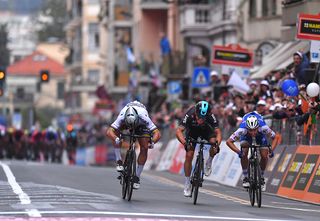 Peter Sagan, Michal Kwiatkowski and Julian Alaphilippe fight for the Milan-San Remo win