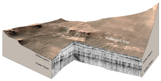 a 3D cutaway showing the surface of Mars and layers of sediment underneath the surface