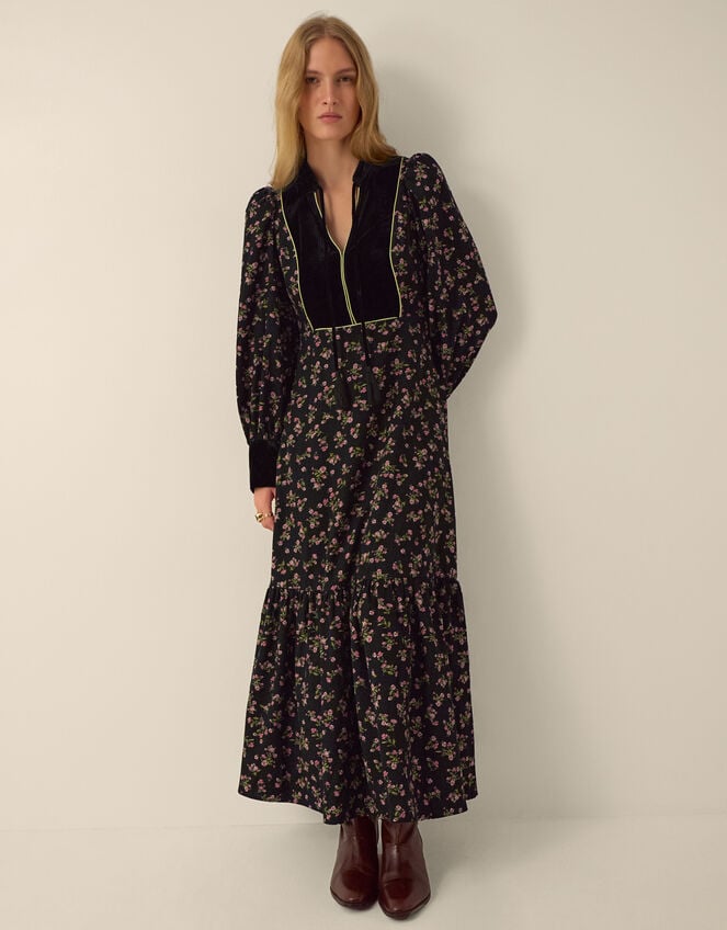 Monsoon X Queens of Archive Lola Velvet Bib Floral Corduroy Maxi Dress&amp;#8203; Black
