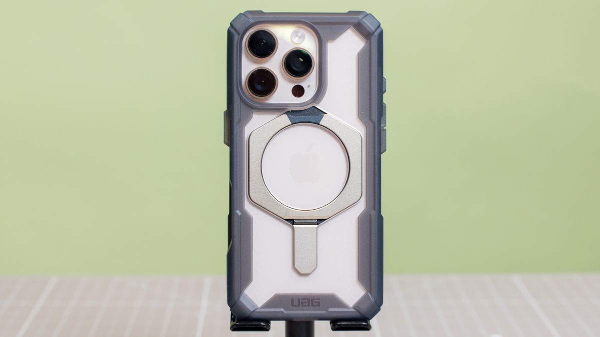 Urban Armor Gear Plasma XTE from back with desert titanium iPhone 16 Pro inside