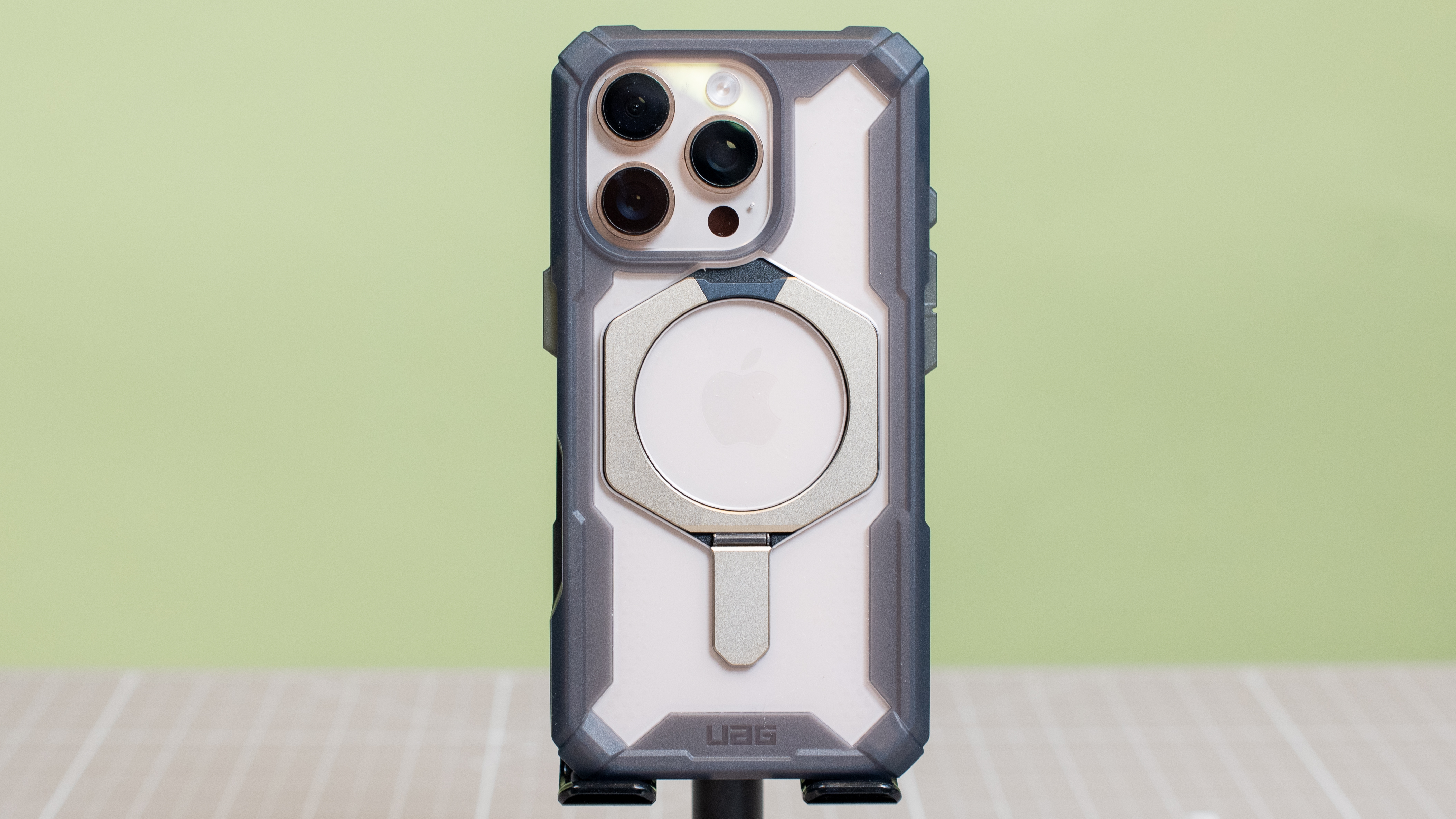 Urban Armor Gear Plasma XTE from back with desert titanium iPhone 16 Pro inside