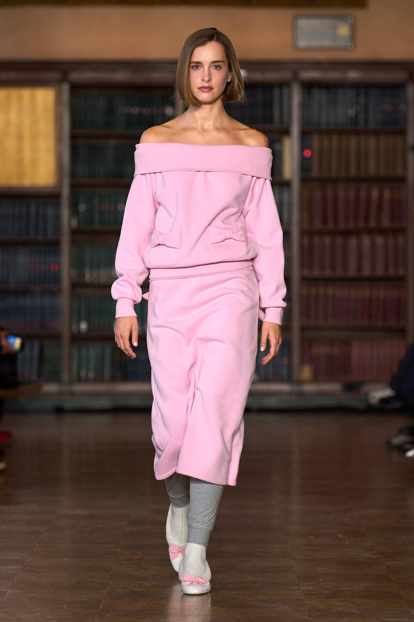 models walk the Sandy Liang Fall 2026 fashion show runway wearing slipper shoes 