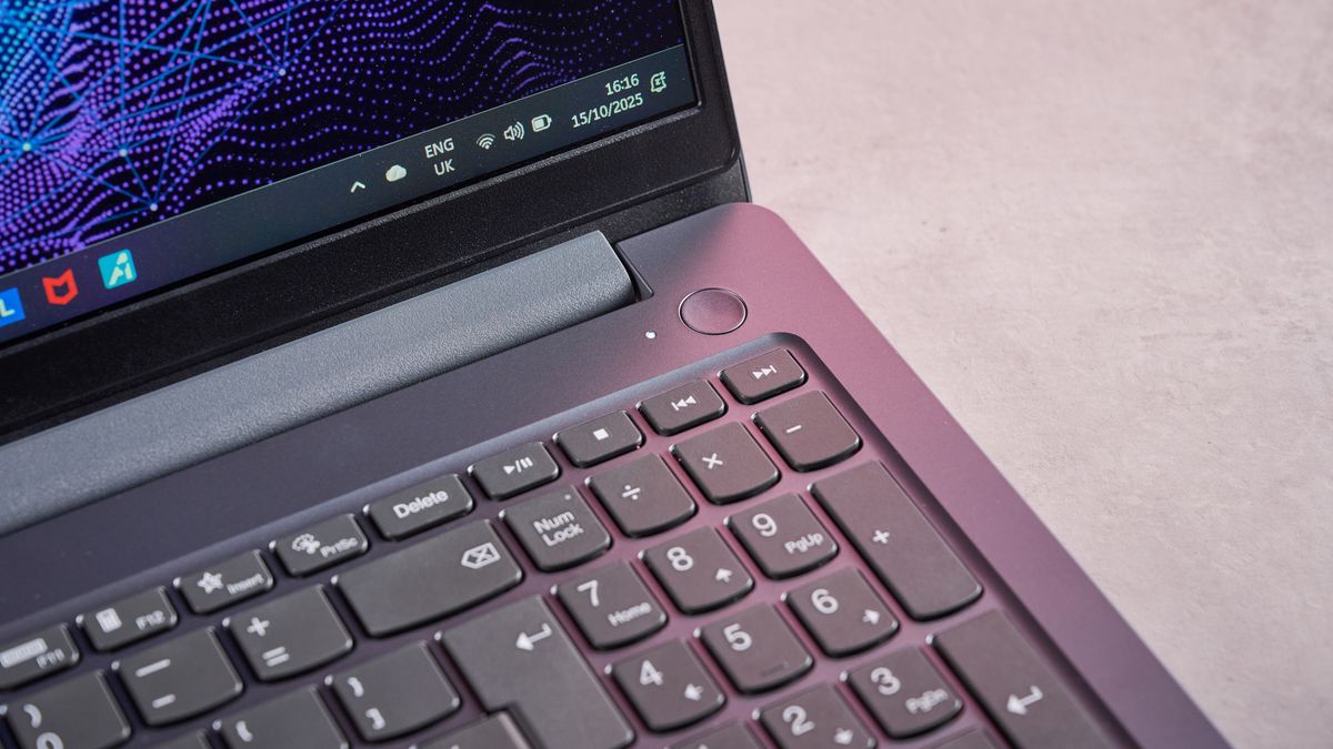 Close-up of number pad and power button on Lenovo LOQ Essential Gen 9, open on desk